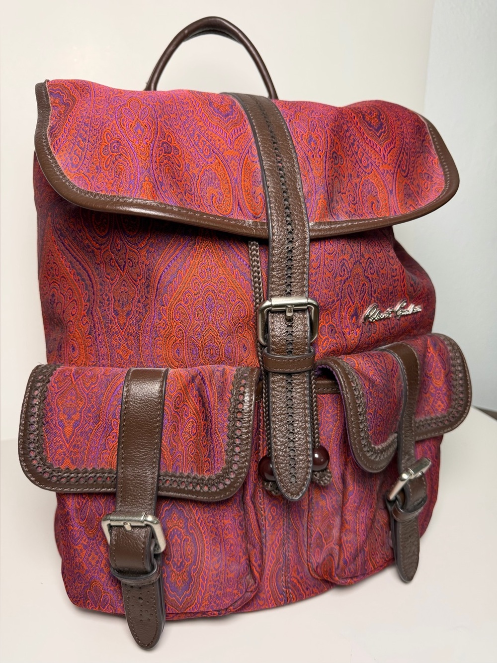 Robert Graham Stellen Rucksack Paisley Red Purple Silk + Brown Leather, Backpack - Picture 2 of 16